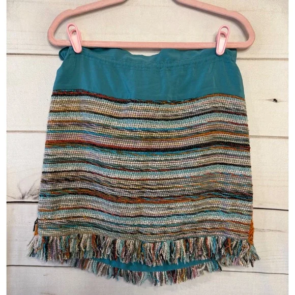Tory Burch Striped Woven Mini Skirt Teal Silk Trim Tassels Fringe 51111304 Sz 10 - Picture 7 of 7